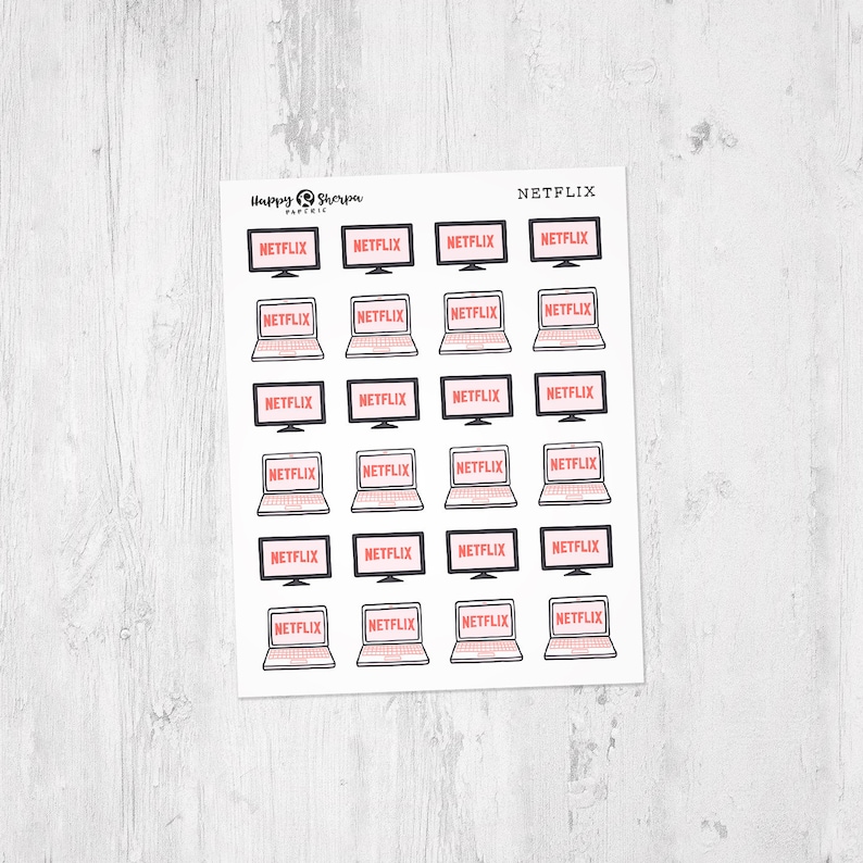 May include: A sheet of stickers featuring a black and white illustration of a laptop with the word "NETFLIX" in red text. There are 16 stickers on the sheet.