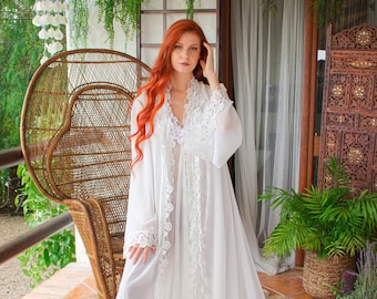 Bridal Lingerie, Ivory White Wedding Robe, Chiffon Bridal Robe, Chiffon Lingerie, Custom Made Bridal Robe, Wedding Lingerie, Honeymoon Robe