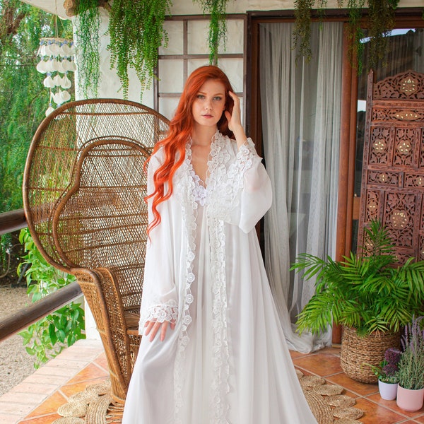 Bridal Lingerie, Ivory White Wedding Robe, Chiffon Bridal Robe, Chiffon Lingerie, Custom Made Bridal Robe, Wedding Lingerie, Honeymoon Robe