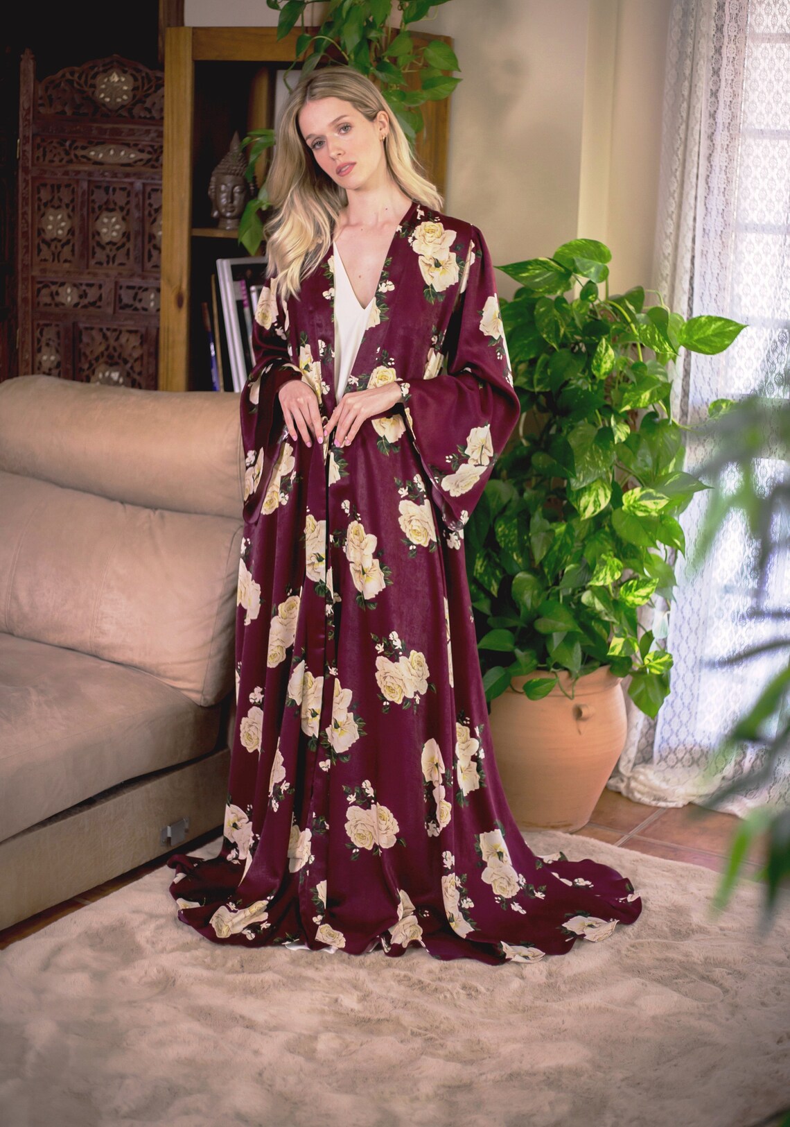 Long Satin Robe Satin Winter Robe Burgundy Satin Robe Etsy