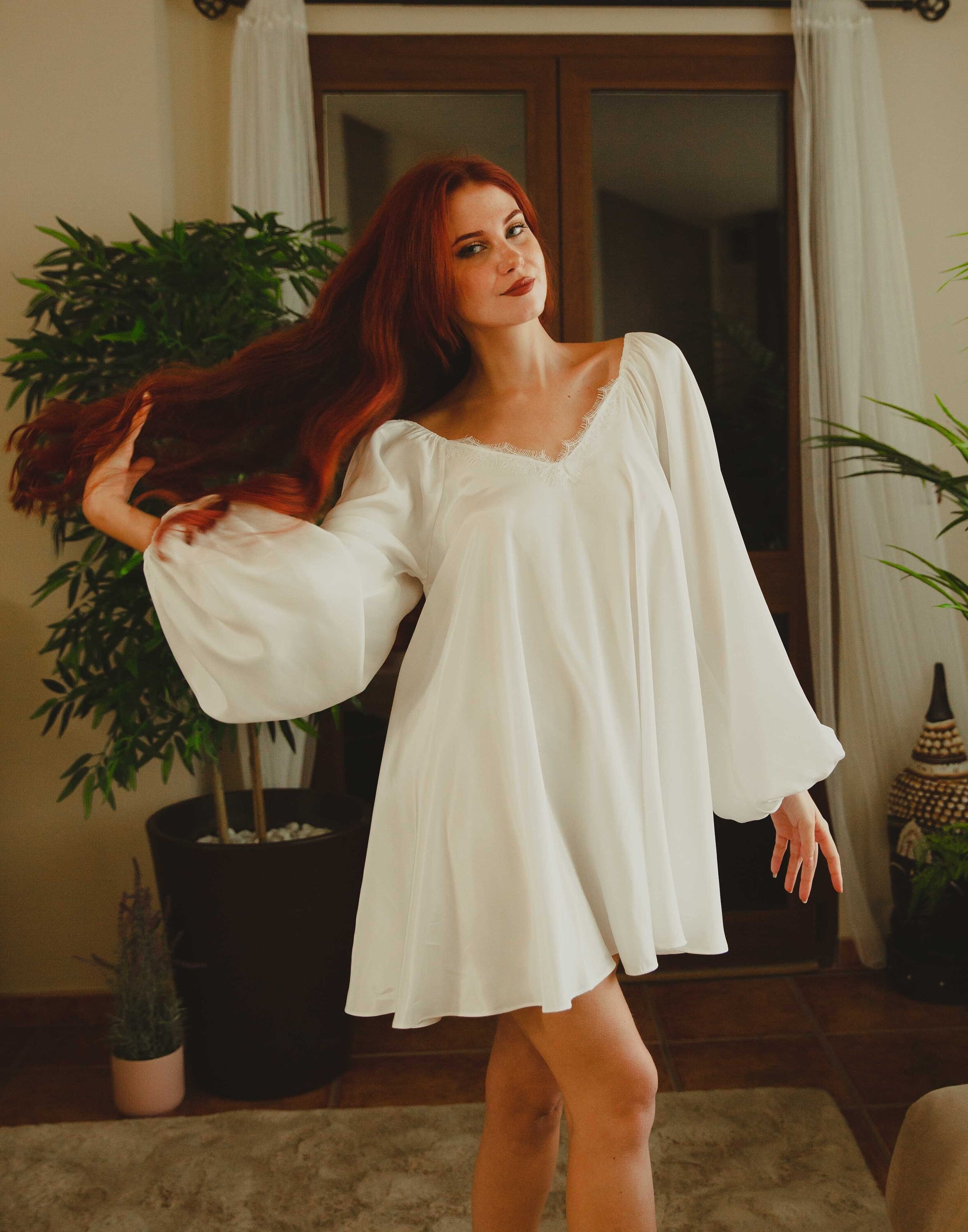 Plain satin Babydoll with chiffon robe Nightgown set - Private Lives