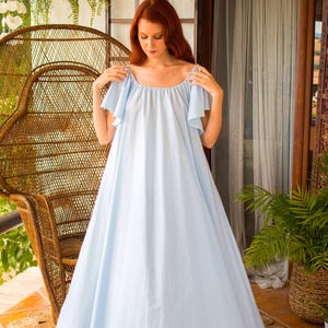 Organic Cotton Nightgown, Light Blue Loungewear, Handmade in Spain, Oversized Cotton Dress, Butterfly Sleeves, Custom Nightwear, Lingerie