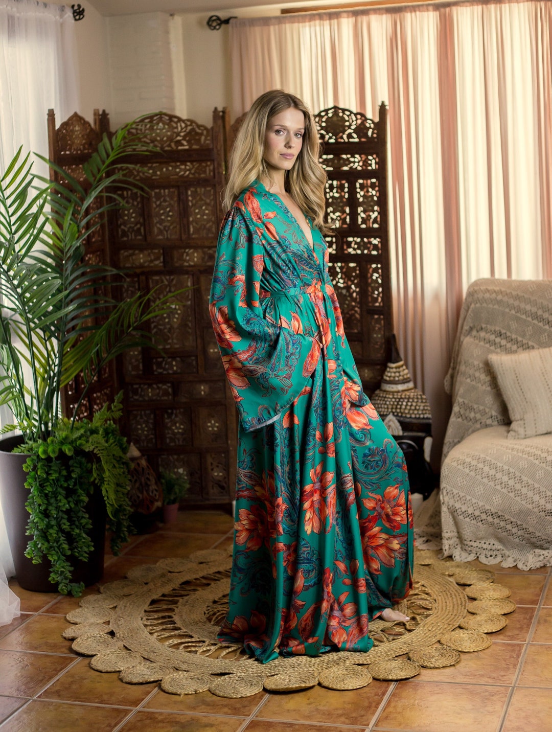 Long Satin Robe, Custom Made Robe, Boho Chic Loungewear, Bohemian Long Tunic, Fashionable Robe