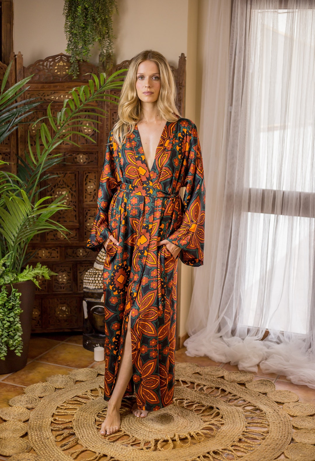 Stretch Satin Kimono Robe with Velvety Flocked Mesh Accents main image 1