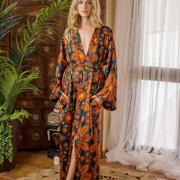Satin kimono, Luxurious satin robe, Elegant satin loungewear, Unisex Satin Kimono, Fashion satin robe, Kimono with ethnic print, Unisex robe