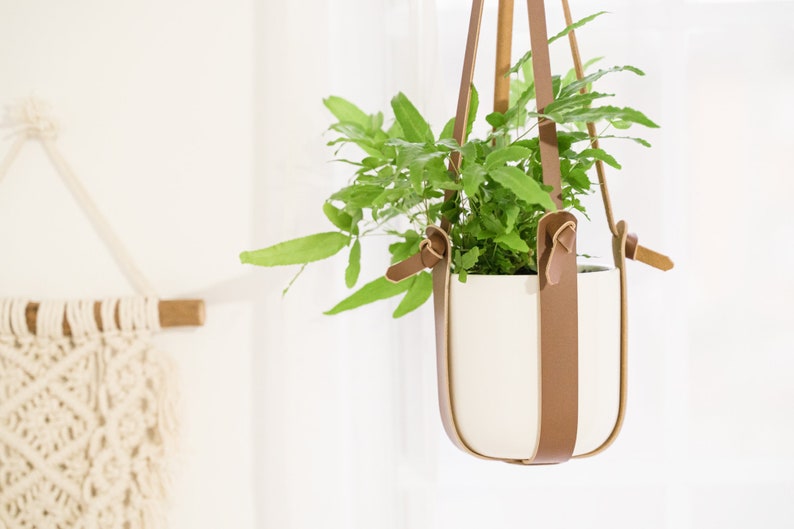 Hanging Leather Plant Holder Stylish Hanging Basket Modern Indoor Plant Pot Holders Minimalist Home Decor Black Brown Beige Brown