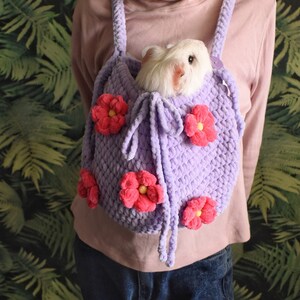 Guinea pig purple carrier with pink flowers. Small pet soft cozy carrier.