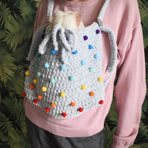 Gray Guinea Pig Carrier: Soft Cozy Bonding Pouch with Rainbow PomPoms