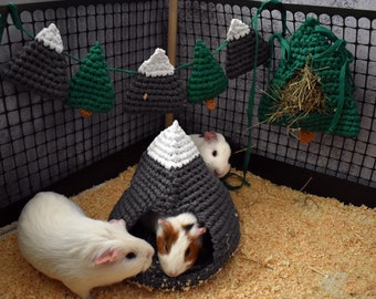 Set of 3 mountains accessories in cage - house, hay bag and garland - Guinea pigs accessories - Funny pet gift