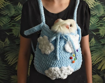 Guinea pig blue carrier with clouds and rainbow. Bonding pouch for guinea pig. Small pet soft cozy carrier.