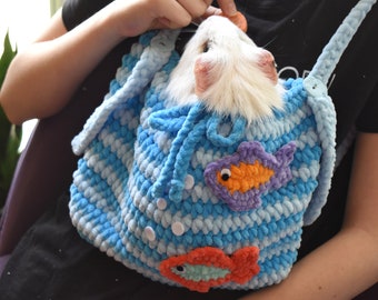 Guinea Pig Blue Carrier with Fishes | Small Pet Soft Cozy Carrier | Guinea Pig Sling