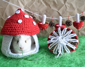 Mushrooms Set of 3pcs accessories for Guinea Pig in cage • Funny Mushrooms Guinea Pig Cage Set with Cozy House Hay Bag  Garland • Funny gift