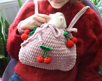Guinea pig Pale Pink carrier with cherrys. Small pet soft cozy carrier.