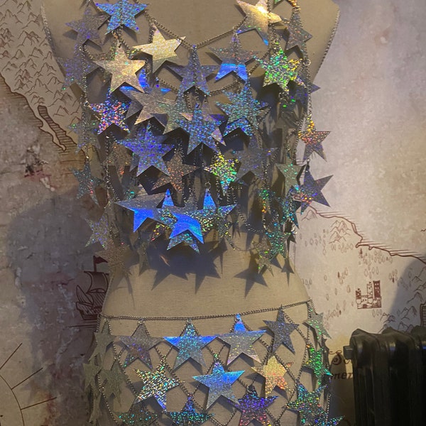 Holographic sequin star chain skirt and top / harness