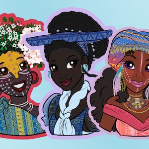 Pegatinas de vinilo de princesa afro (primera ola) - Blancanieves, Cenicienta, Aurora -Calcomanías de chica negra