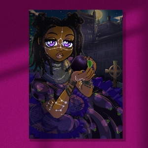 Gothic Black Girl Art Print: Diamond Apple, Braids, Cemetery Wall Art