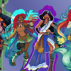 Cartoon meets Video Game Crossover Vinyl Stickers (Jasmine, Fran, Ariel, Rikku, Jasmine, Fang)