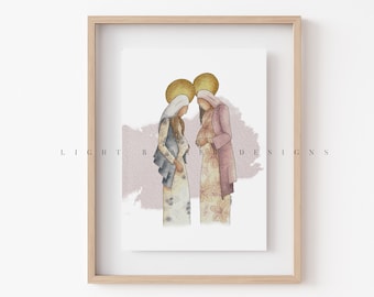 May include: A watercolor painting of two women, one pregnant, standing together. They are both wearing long robes and have halos above their heads. The background is a soft pink watercolor wash.