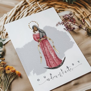 May include: A watercolor illustration of Our Lady Undoer of Knots. The image features a woman in a red and white dress with a blue veil. She is holding a rope with knots in her hands. The background is a light blue with a crescent moon.