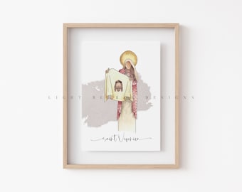 May include: A watercolor illustration of Saint Veronica holding a cloth with an image of Jesus' face on it. The background is a soft watercolor wash of purple and gray. The text "Saint Veronica" is written in cursive at the bottom of the image.