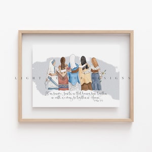 May include: A watercolor painting of five women standing together with their arms around each other. The women are wearing different colored clothing and have different hairstyles. The painting is set against a light blue background. The text "Let us become Saints so that having been together on earth we may be together in Heaven." is written below the women.
