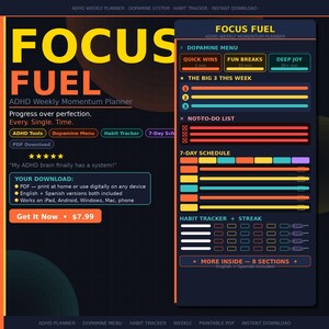 Può includere: Planner settimanale digitale per ADHD, intitolato "Focus Fuel". Il design presenta uno sfondo scuro con testo arancione e giallo. Include sezioni per un menu dopamina, un programma di 7 giorni e un tracker delle abitudini. Il planner è disponibile come download PDF.