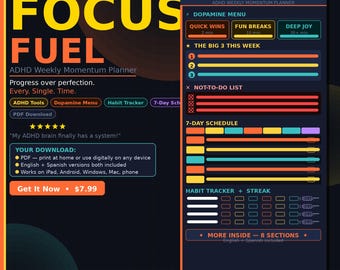 May include: Digital ADHD weekly planner titled "Focus Fuel." The design features a dark background with orange and yellow text. It includes sections for a dopamine menu, 7-day schedule, and habit tracker. The planner is available as a PDF download.