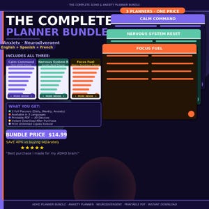 Pu&ograve; includere: Un pacchetto di planner digitali per ADHD e ansia, con tre planner: Calm Command, Nervous System Reset e Focus Fuel. Disponibile in inglese, spagnolo e francese. Formato PDF stampabile.