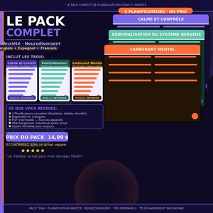 Pu&ograve; includere: Annuncio di un pacchetto di pianificatori digitali per ADHD e ansia. Il design utilizza uno sfondo scuro con sezioni rettangolari colorate. Il pacchetto include pianificatori giornalieri, settimanali e per l'ansia.