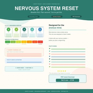 Può includere: Un pianificatore PDF stampabile intitolato "NERVOUS SYSTEM RESET" con un design turchese e bianco. Include sezioni per esercizi di radicamento, monitoraggio dell'ansia e una scala del sistema nervoso. Progettato per la mente ansiosa.