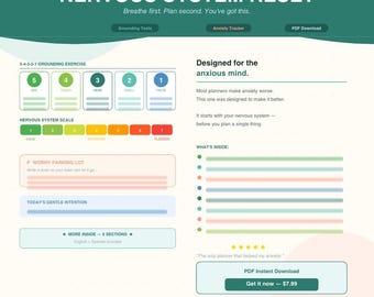 May include: A printable PDF planner titled "NERVOUS SYSTEM RESET" with a teal and white design. It includes sections for grounding exercises, anxiety tracking, and a nervous system scale. The planner is designed for the anxious mind.