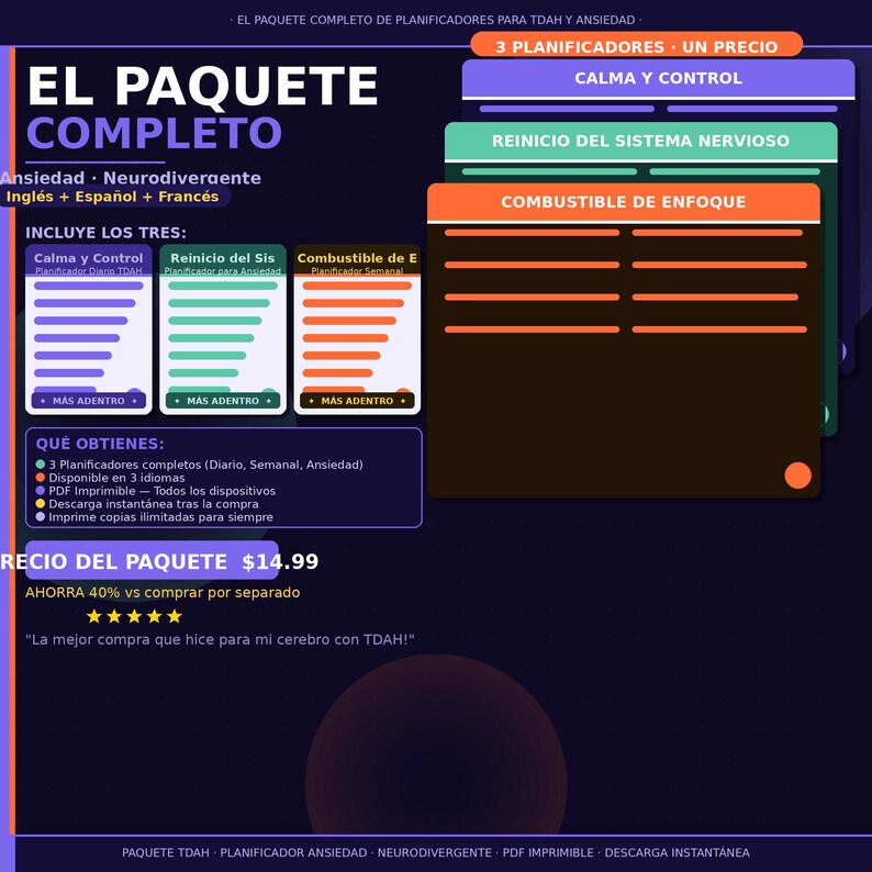 Pu&ograve; includere: Annuncio di un pacchetto di pianificatori digitali per ADHD e ansia. Include tre pianificatori: Calma e Controllo, Reset del Sistema Nervoso e Carburante per la Concentrazione. Disponibile in inglese, spagnolo e francese. &Egrave; una soluzione completa.