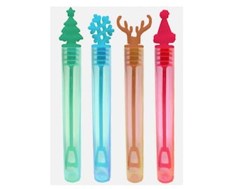 May include: Four colorful bubble wands with holiday-themed toppers: a green Christmas tree, a blue snowflake, a brown reindeer, and a red Santa hat. Each wand has a clear, cylindrical bottle.