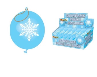 May include: A light blue balloon with a white snowflake design and a brown string. A display box of light blue snowflake punch balloons is also shown. The box has the text "Snowflake Punch Balloons".