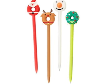 May include: Four Christmas-themed pens with decorative tops. The pens feature Santa Claus, a reindeer, a snowman, and a green wreath design. Each pen has a different colored shaft, including red, brown, white, and green.