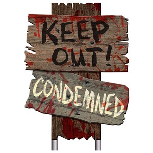 May include: A vertical wooden post supports two weathered, horizontal wooden signs. The top sign features the black text KEEP OUT! and the bottom sign features the white text CONDEMNED. Both signs are splattered with bright red paint.