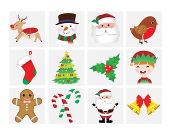 以下が含まれることがあります： 白背景に12個のクリスマスをテーマにしたイラストのコレクション。画像には、トナカイ、雪だるま、サンタクロース、コマドリ、靴下、クリスマスツリー、ヒイラギ、エルフ、ジンジャーブレッドマン、キャンディケイン、サンタクロース、ベルが含まれています。