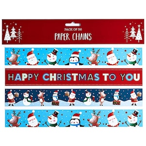 May include: A pack of 36 Christmas paper chains with festive designs. The chains feature Santa Claus, reindeer, penguins, and snowmen on a blue background. One chain reads "HAPPY CHRISTMAS TO YOU".
