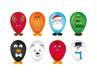 May include: Eight colorful balloons with festive designs. The balloons feature a reindeer, gingerbread man, Santa Claus, Christmas tree, penguin, polar bear, robin, and snowman. Each balloon has a unique character design and is set against a white background.
