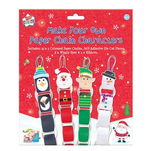 May include: A Kids Create Make Your Own Paper Chain Characters craft kit package featuring four holiday-themed paper chain figures: a penguin, Santa Claus, an elf, and a snowman. The red packaging includes 43 colored paper chains, self-adhesive die-cut pieces, 8 wiggly eyes, and 4 ribbons.