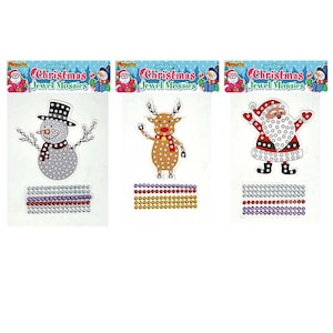 May include: Christmas jewel mosaic craft kits. Each kit features a different festive character: a snowman, a reindeer, and Santa Claus. The kits include colourful jewel stickers to create the mosaic designs. The packaging includes the text "Christmas Jewel Mosaics".