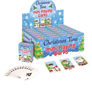 May include: A display box of 'Christmas Time' mini playing cards. The box is blue with snowflake and Christmas tree designs. The cards feature festive characters. A fan of playing cards is visible, with measurements in cm.