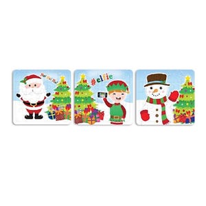 May include: Three square Christmas-themed puzzles. One features Santa Claus with the text "Ho! Ho! Ho!". Another shows an elf taking a selfie with the text "#elfie". The last puzzle depicts a snowman.