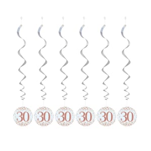 May include: Six hanging party decorations. Each has a silver spiral and a round, white base with the number "30" in rose gold. The base is decorated with small, colorful confetti.