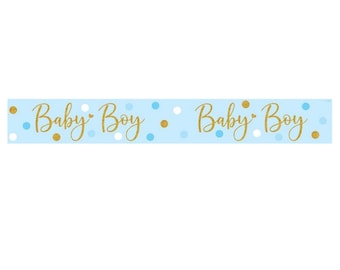May include: A horizontal light blue banner featuring the repeating text Baby Boy in a gold cursive script. The design is decorated with scattered polka dots in shades of white, light blue, and gold, creating a festive pattern across the surface.
