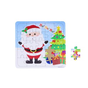 May include: A Christmas-themed jigsaw puzzle featuring Santa Claus, a decorated Christmas tree, and wrapped gifts. The puzzle has a blue background with the words "Ho! Ho! Ho!" and is missing one piece.