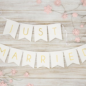 Just Married White Bunting - just married hanging sign, gold wedding decorations, wedding reception decorations, rustic wedding decorations