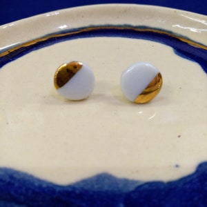 Small Handmade Round Porcelain Earrings with a Boho Vibe - Minimalist White Studs with a Touch of Gold