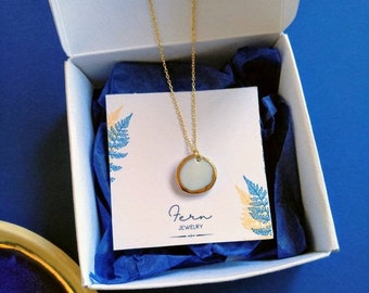 Elegant White Porcelain Disc Pendant with Golden Halo - Handcrafted and Unique