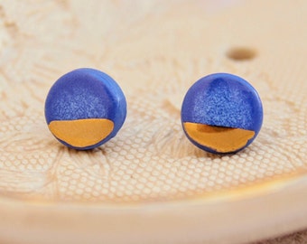 Bohemian Blue Stud Porcelain Earrings with Golden Touch - Minimalist Ceramic Jewelry